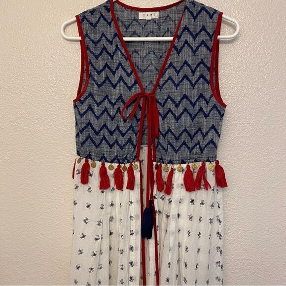 THML Boho Sleeveless Printed Tassel medallion Kaftan Duster Festival Coachella S - Picture 5 of 12